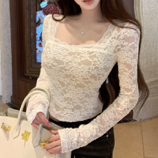 批发纯欲风方领蕾丝衫女短款秋冬新款韩版修身辣妹性感收腰长袖t恤女