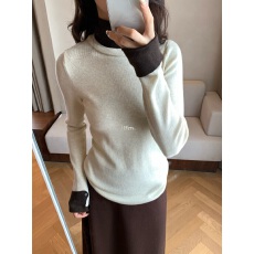 韩系撞色高领拼接假两件针织衫女秋冬季内搭打底上衣