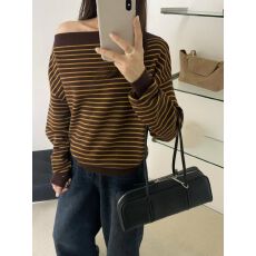 韩版简约一字肩条纹长袖针织衫2025秋冬显瘦修身上衣