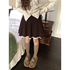 蕾丝花边高腰针织半身裙秋冬设计感百褶裙A字短裙女