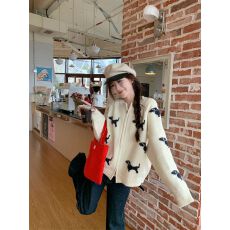 批发慵懒风小狗图案双拉链毛衣<b class='q'>外套</b><b class='q'>女装</b>秋冬别致百搭宽松上衣针织衫