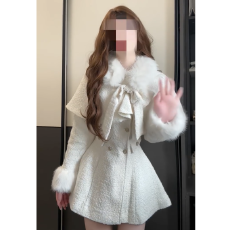 批发富家千金白色小香风套装女春秋季蝴蝶结收腰斗篷夹棉连衣裙两件套