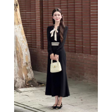 批发法式复古风小黑裙2025秋新款波点领结鱼尾<b class='q'>连衣裙</b>女