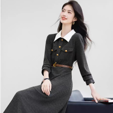 批发法式赫本风翻领<b class='q'>连衣裙</b>秋季新款时尚收腰显瘦撞色POLO领中长裙