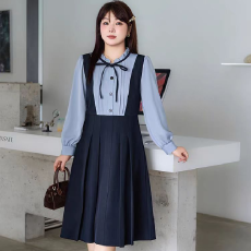 批发女装秋季新款收腰A字裙显瘦大码胖妹妹假两件法式气质<b class='q'>连衣裙</b>