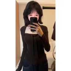 批发美拉德咖色假两件方领长袖t恤<b class='q'>修身</b>内搭打底上衣