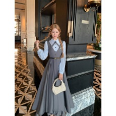 批发学院风减龄撞色衬衫假两件收腰西装连衣裙早秋時尚穿搭显瘦高腰