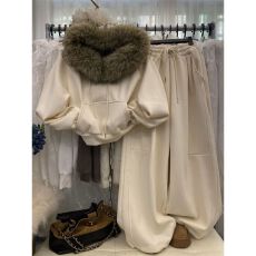 批发氛围感毛领连帽插肩袖套头卫衣<b class='q'>高腰</b>显瘦抽绳<b class='q'>阔腿裤</b>休闲加绒两件套