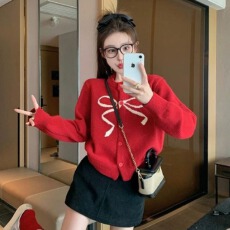 批发红色蝴蝶结长袖针织开衫2026春秋季慵懒内搭毛衣外套