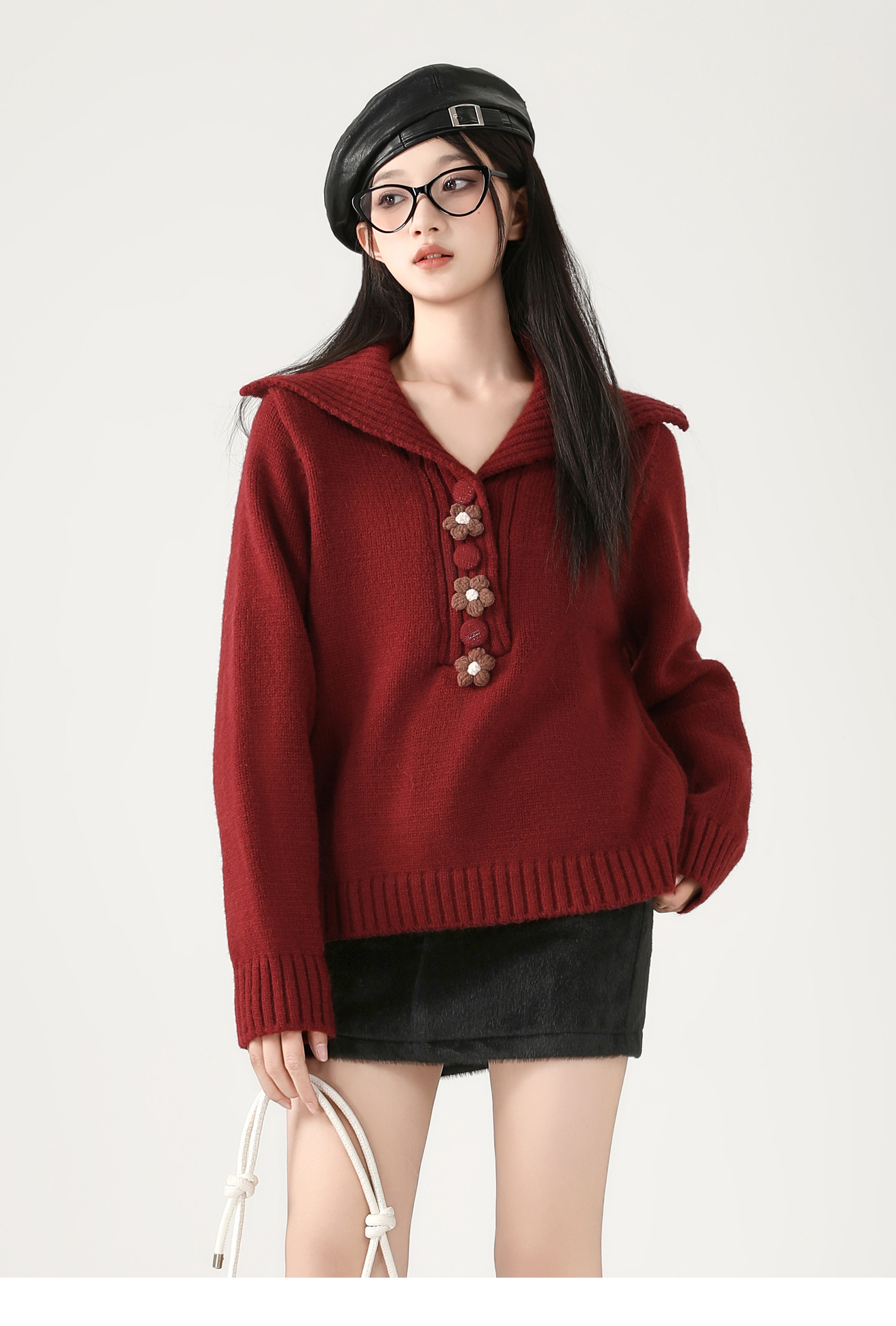 MY17442# 甜美立体花朵翻领毛衣法式减龄百搭高级感洋气复古加厚上衣女...