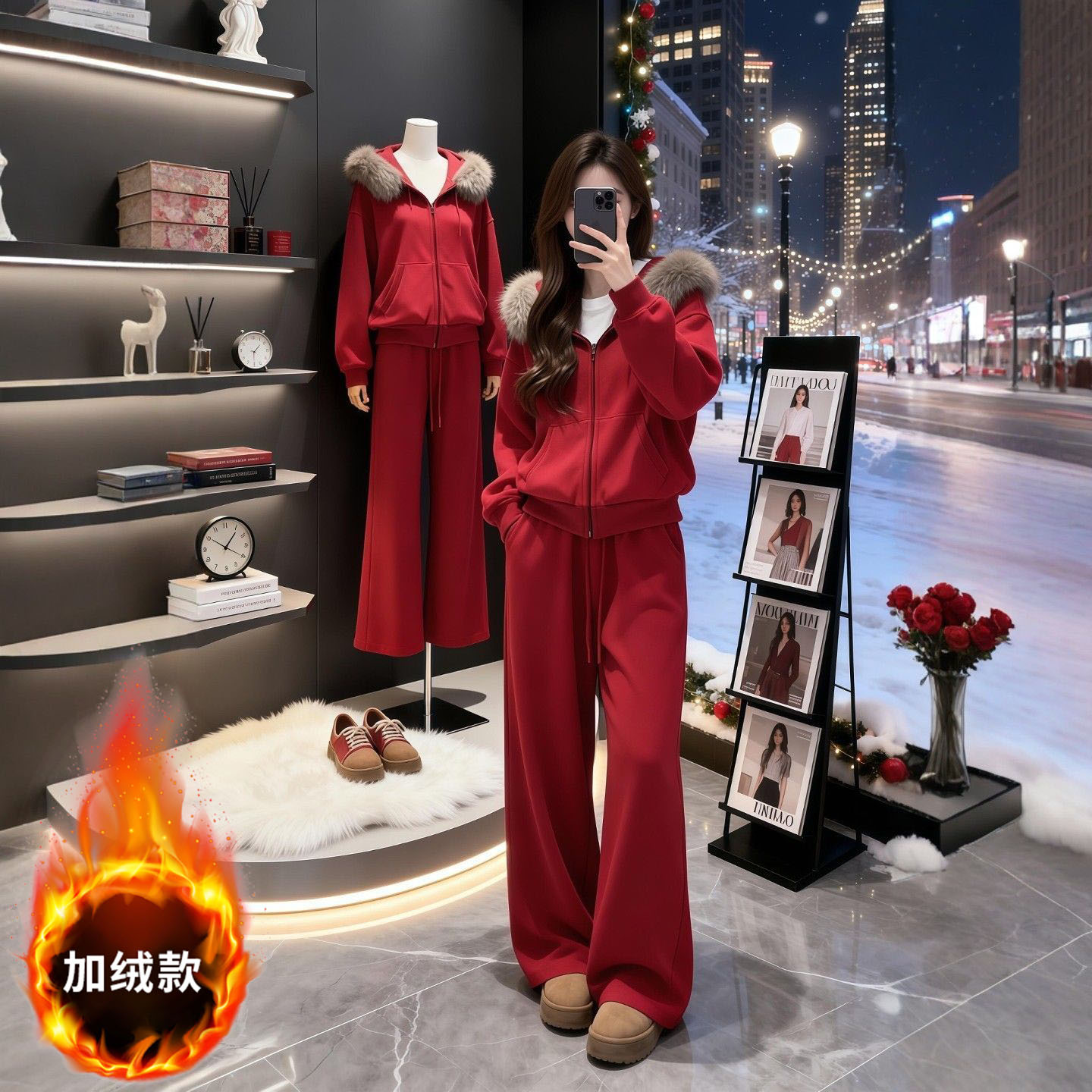 MY17440# 运动套装巨好看加绒连帽卫衣外套阔腿裤子一整套女裝貨源服裝...