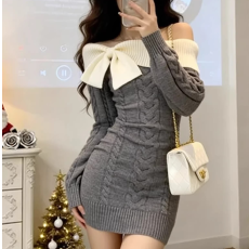 批发针织<b class='q'>连衣裙</b>女秋冬新长袖收腰显瘦包臀裙蝴蝶结