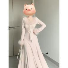 批发甜美蕾丝爆款连衣裙女冬千金穿搭内搭鱼尾裙新年战袍收腰长裙