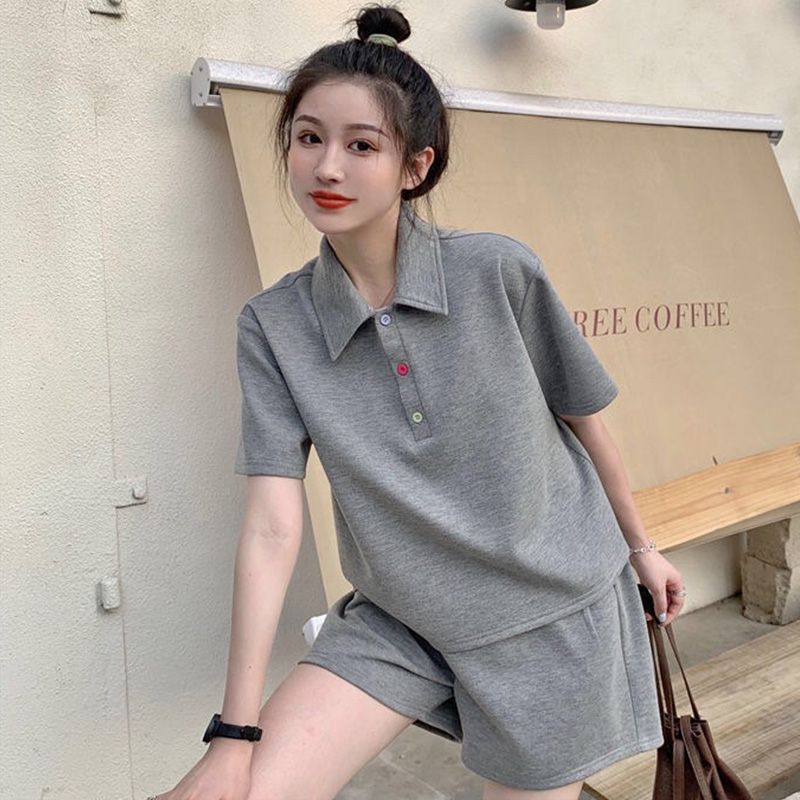 RY70054# 复古洋气减龄网红套装polo衫短袖t恤宽松阔腿短裙两件套女