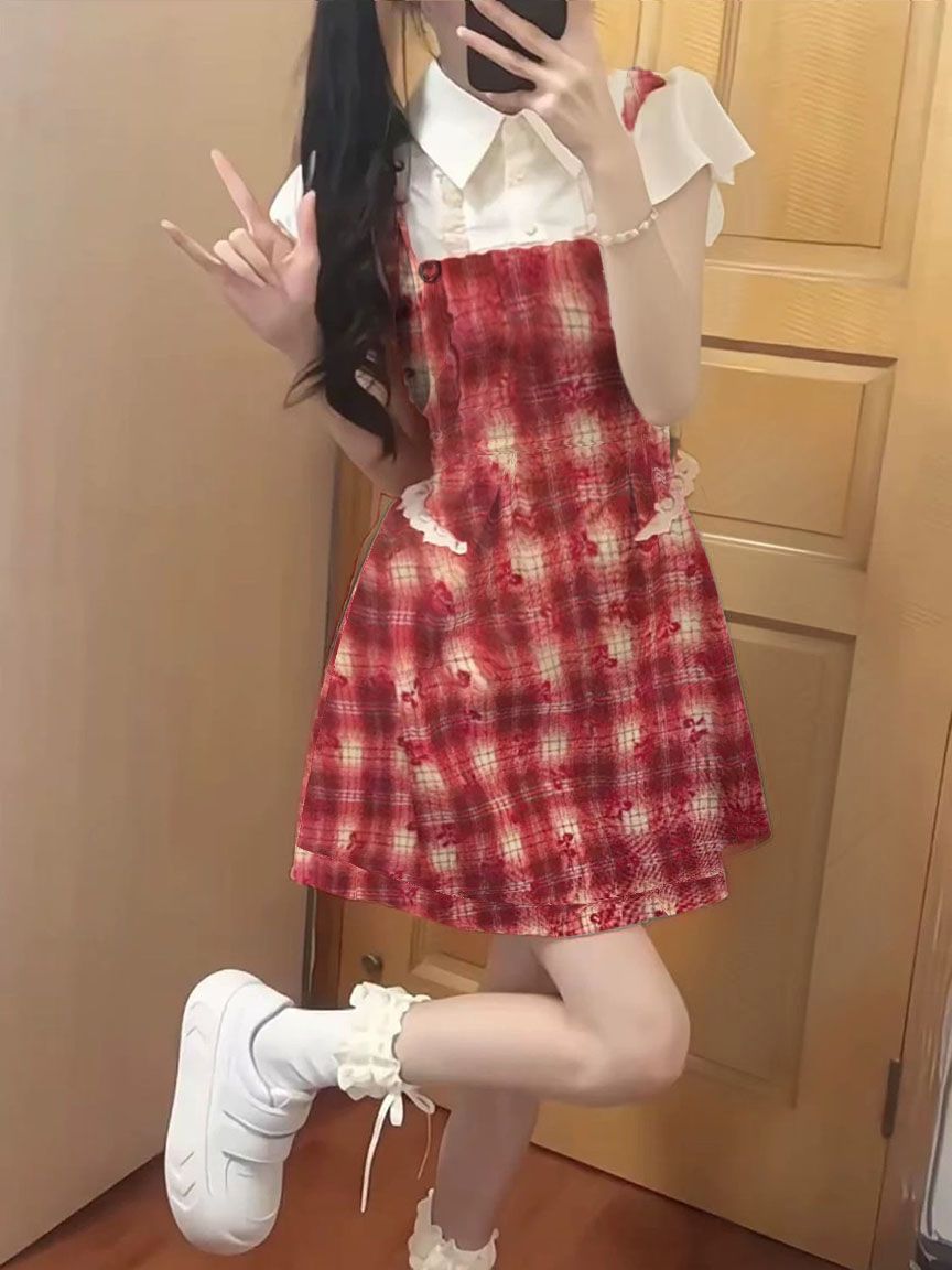 RY70052# 假两件格子连衣裙子女夏季2025新款小个子学院风收腰短裙