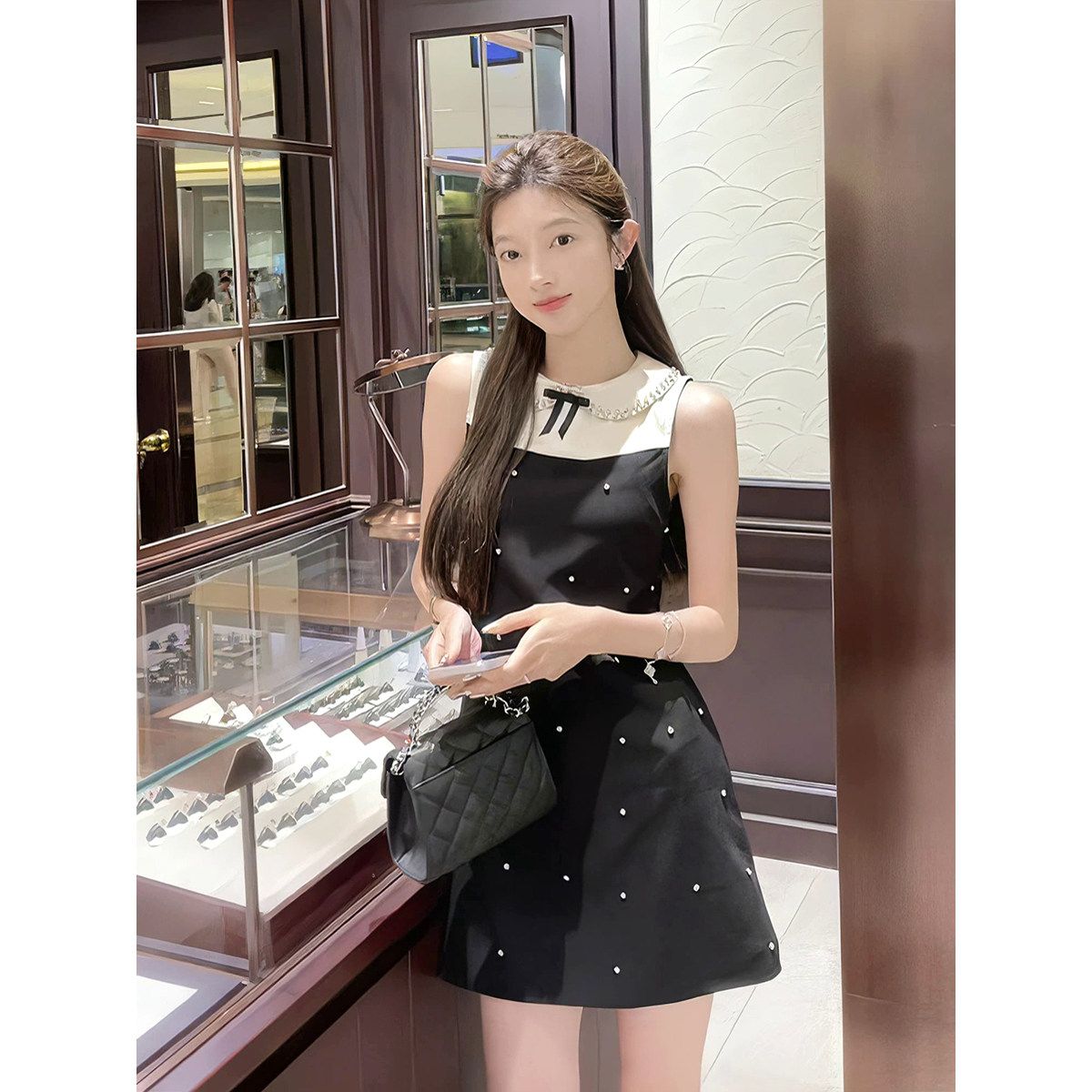 RY70046# 千金风甜美短裙夏季收腰显瘦设计感撞色拼接POLO领无袖连衣裙女
