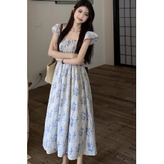 批发小飞袖连衣<b class='q'>裙</b>女夏季新款法式玫瑰印花收腰显瘦中长款A字<b class='q'>裙</b>子