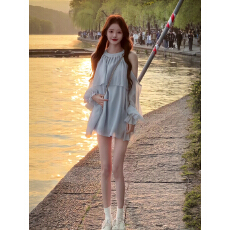 批发奶系温柔风高级感露肩连衣裙女春夏季韩系气质宽松<b class='q'>雪纺</b>裙短裤套装