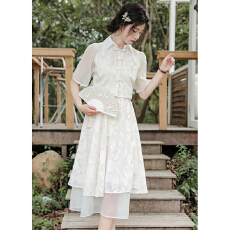 批发国风小清新温柔感连衣裙两件套淑女风改良新中式<b class='q'>旗袍</b>+盘扣开衫女