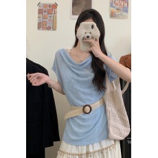 批发法式波西米亚风荡领短袖T恤女夏季2026新款收腰显瘦露肩慵懒上衣