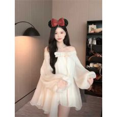 批发度假风<b class='q'>蝴蝶结</b>一字肩雪纺<b class='q'>连衣裙</b>夏季新款温柔风小个子宽松A字裙