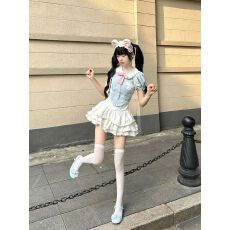 批发纯欲风甜美减龄时尚套装可爱娃娃领收腰衬衫上衣背带蛋糕<b class='q'>蓬蓬</b>裙夏