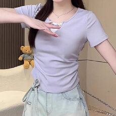 批发夏装短袖百褶修身打底衫韩版简约风高级感假两件百搭女上衣T恤衫