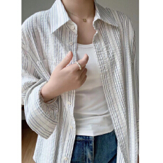 批发韩系年轻纯棉褶皱设计条纹衬衫