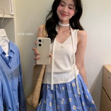 批发夏季新款<b class='q'>韩版</b>V领飘带简约无袖气质温柔针织背心女甜辣妹上衣