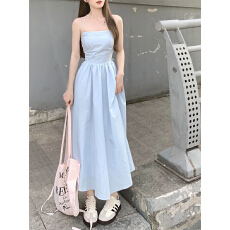批发2026新款纯欲<b class='q'>蓝色</b>吊带<b class='q'>连衣裙</b>女收腰显瘦气质系带露背a