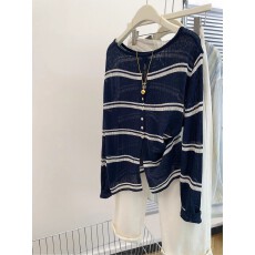 批发藏青色条纹冰丝针织<b class='q'>长袖</b><b class='q'>t</b><b class='q'>恤</b><b class='q'>女</b>夏季2026新款薄款镂空防晒罩衫上衣