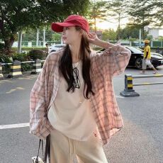 批发休闲粉色<b class='q'>衬衫</b>格子2025外套新款宽松设计防晒长袖慵懒上衣<b class='q'>衬衣</b>