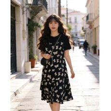 批发夏季款气质遮肚子拼接碎花长裙女大码胖妹妹宽松显瘦假两件连衣裙