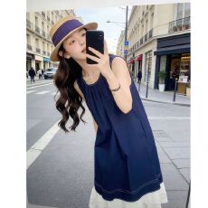 批发蓝色连衣裙女夏季2026新款法式度假风少女感蕾丝拼接无袖背心裙