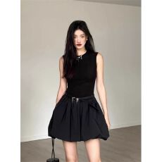 批发法式小众黑色无袖连衣<b class='q'>裙</b>子女夏季小个子气质短<b class='q'>裙</b>高级感收腰<b class='q'>花苞</b><b class='q'>裙</b>