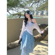 批发蓝色碎花蛋糕半身裙女高腰A字不规则度假中裙子