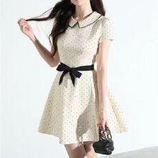 批发娃娃领甜美杏色波点<b class='q'>连衣裙</b>女夏季小香风法式掐腰miu系小洋裙a字裙