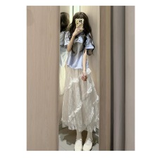 批发复古拼接斜纹蕾丝半身裙女早春白色松紧腰显瘦<b class='q'>网纱</b>a字<b class='q'>长裙</b>蛋糕裙