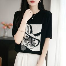 批发趣味卡通眼镜兔子印花毛针织衫女夏韩版冰丝宽松时尚显瘦短袖上衣