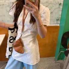 批发2026v领黄色镂空刺绣衬衫中长款收腰短袖上衣设计感小众修身辣妹