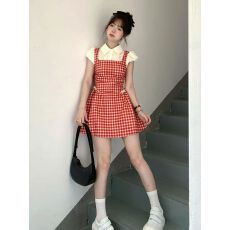 批发复古红色格子<b class='q'>假两件</b><b class='q'>连衣裙</b>女学生夏季新款小个子甜美学院风短裙子