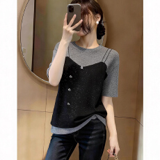 批发2026新款假两件女夏季显瘦短袖上衣