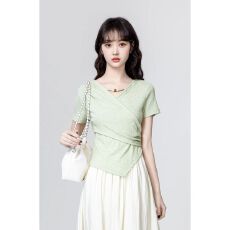 批发不规则气质收腰显瘦V领短袖T恤休闲女2026年夏季新款正肩上衣