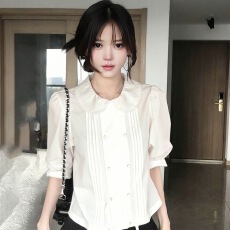 批发法式学院减龄白色系带夏季甜美衬衣修身收腰<b class='q'>上衣</b>五分<b class='q'>袖</b>娃娃衬衫