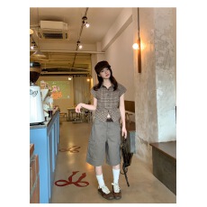 批发咖色格子短袖<b class='q'>衬衫</b><b class='q'>修身</b>显瘦收腰<b class='q'>衬衣</b>小上衣