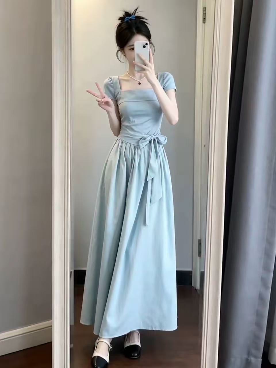 RY4995# 法式蓝色方领短袖连衣裙子女装夏季2026新款今年流行爆款掐...