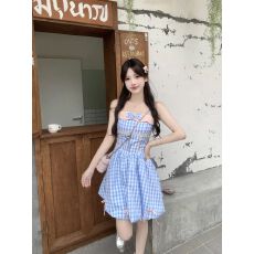 批发原版面料有内里 清纯蝴蝶结格子吊带裙两件套装连衣裙<b class='q'>蓬蓬</b>公主裙