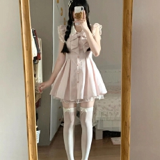 批发法式甜美蝴蝶结粉色连衣裙女套装夏日绝美公主裙收腰百褶<b class='q'>蓬蓬</b>裙子