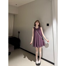 批发千金风娃娃领无袖背心女连衣裙设计感紫色宽松显瘦气质夏季短裙子