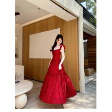 批发红色波点小飞袖吊带连衣裙子女装夏季2025新款爆款蝴蝶结露背长裙